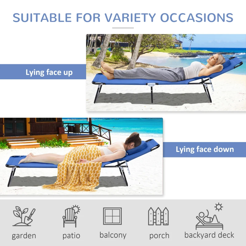 Outsunny Outdoor Foldable Sun Lounger, 4 Level Adjustable Backrest Reclining Sun Lounger Chair with Pillow and Reading Hole, Blue