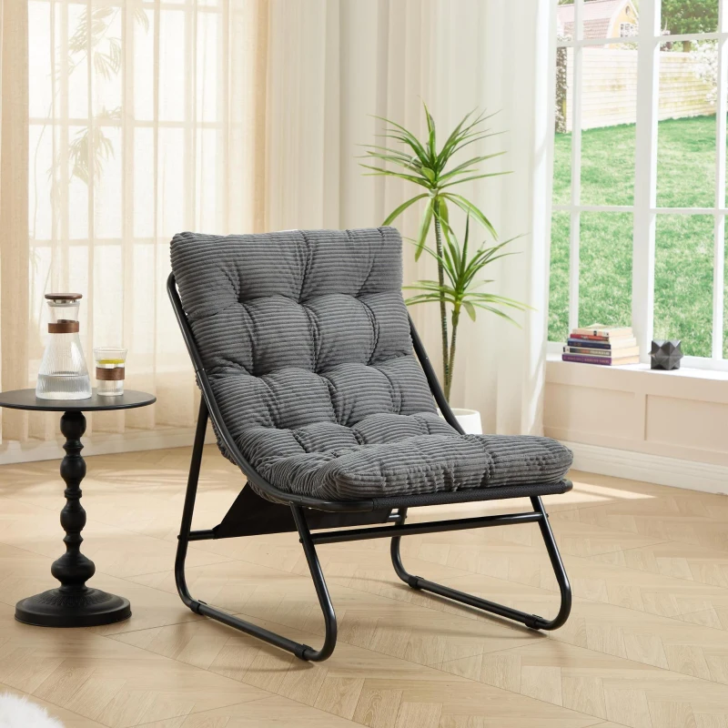 Poltrona lounge da esterno con pouf, cuscino imbottito, tessuto sling, struttura in acciaio, Grigio