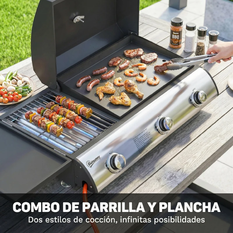 Outsunny Barbacoa de Gas BBQ Gas con 3 Quemadores 7,5 kW con Parrilla Plancha Estante Lateral Convertible Termómetro Negro