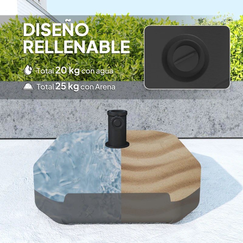 Outsunny Base para Sombrilla Cuadrada Soporte de Parasol de Postes Ø38 mm Ø48 mm Rellenable de Arena 25 kg o Agua 20 kg Negro