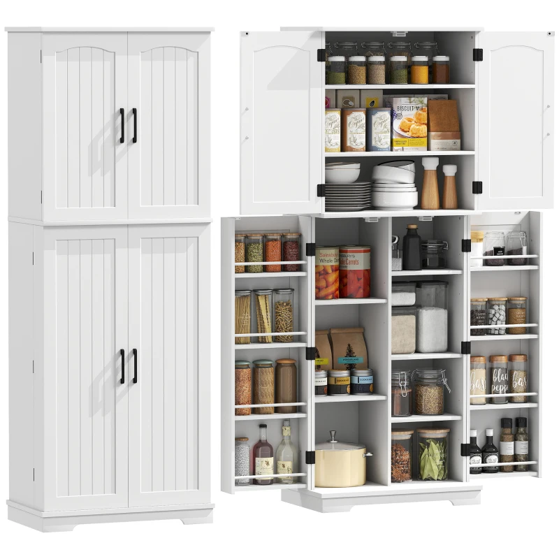 HOMCOM Buffet haut cuisine, armoire de cuisine, 4 portes, 10 niches, 8 porte-épices et étagères réglables, 60x35x162cm, blanc(m-11)