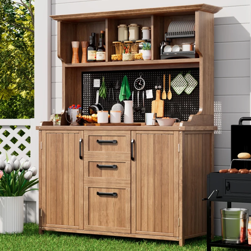 Freestanding Outdoor Cupboard with Drawers, Pegboard and Shelves, Sturdy Storage Cabinet for Kitchen, 120L x 50W x 185H cm, Natural
