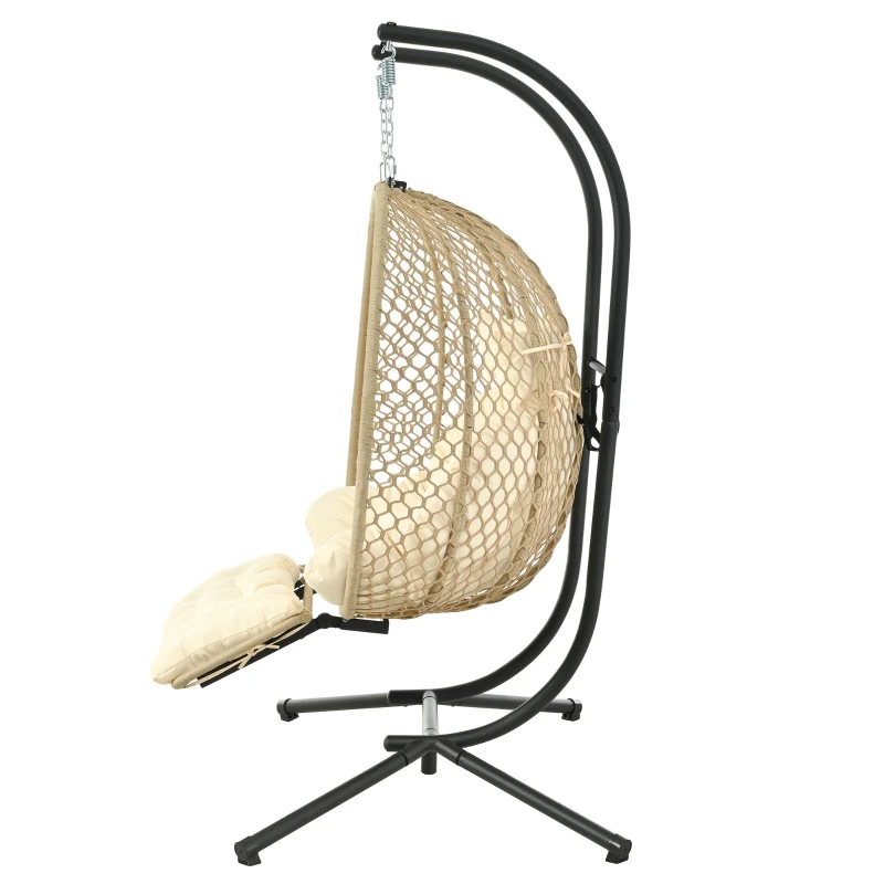 Eiförmiger Hängesessel mit Ständer, Schaukelstuhl mit verstellbarer Fußstütze, Gartenhängstuhl mit Sitzauflage & Kissen, 140 x 94 x 197 cm, Beige