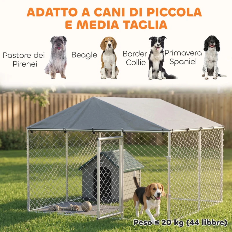 PawHut Recinto per Cani da Esterno in Acciaio Zincata con Tetto in PE, Anti-UV, Impermeabile, Doppia Chiusura, Argento