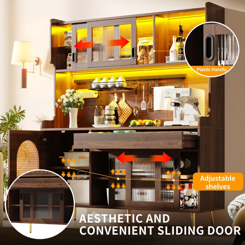 Country Style Sideboard with App-Controlled LED Light Strip, Sturdy Cabinet for Living & Dining Area, 145L x 39W x 171H cm, Brown