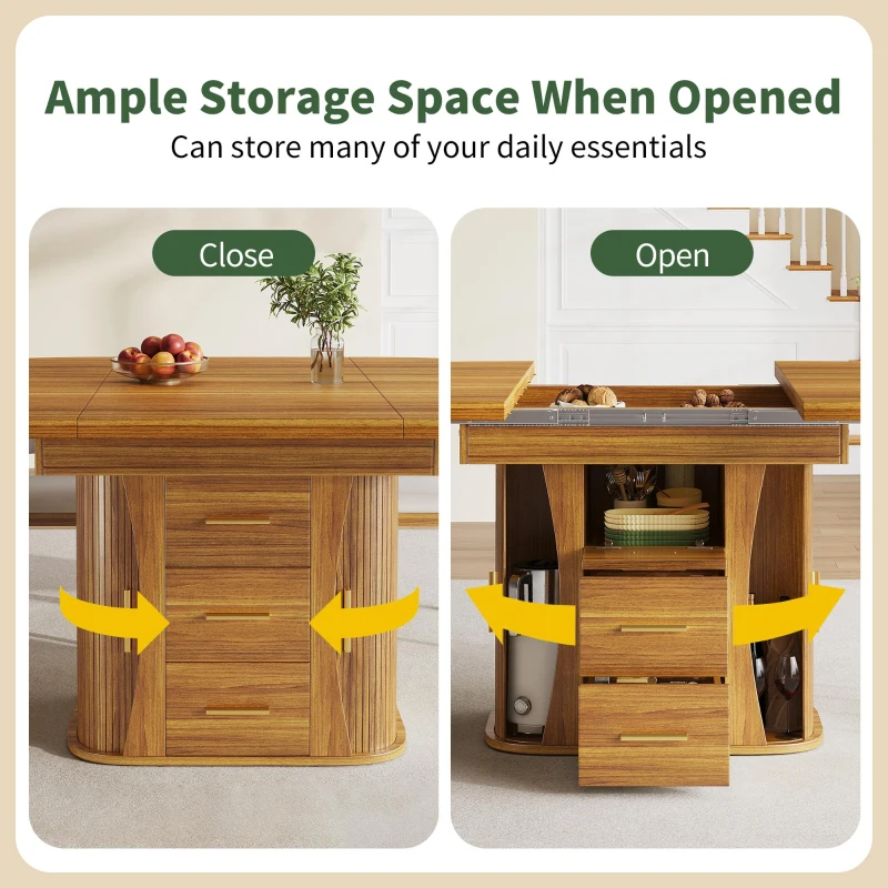 Extendable Dining Table with 3-Tier Hidden Storage and Sliding Rail, Round Kitchen Table for 6 People, 118-158L x 118W x 77H cm, Walnut