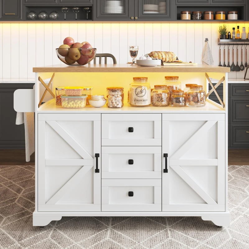 Mobile Kitchen Island with Drop-Leaf Table and Multi-Tier Snack Shelves, Serving Cart with App-Controlled LED, 120L x 72W x 98H cm, White