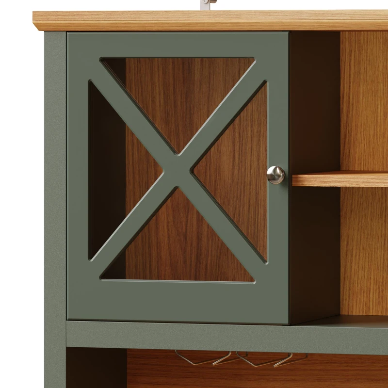 Tall Kitchen Cabinet with Glass Doors and LED Lighting, Versatile Sideboard with Adjustable Shelves, 120L x 45W x 188H cm, Antique Green