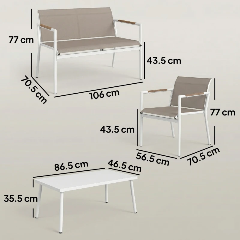 Outsunny 4 Seater Garden Furniture Set with Loveseat, Armchairs, Table, Metal Garden Sofa Set with Breathable Seats, Khaki