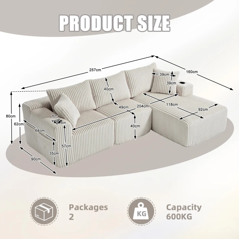 Modular L-Shaped Sectional Sofa with High-Resilience Foam, Plush Corduroy Chaise Lounge for 3 People, 257L x 160W x 80H cm, Beige
