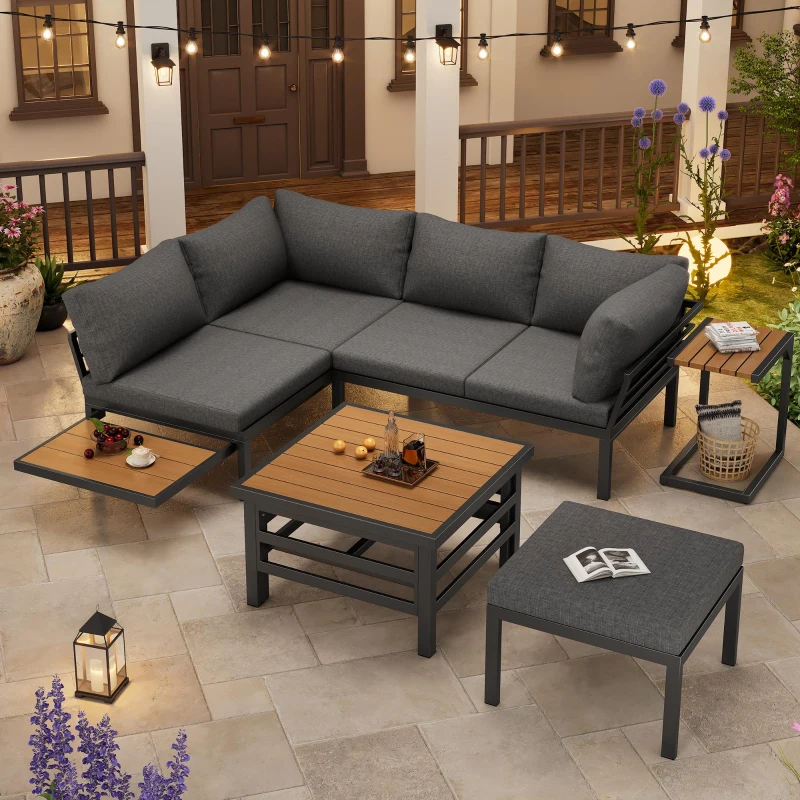 4-5 Seater Outdoor Furniture Set with Extendable Lift-Top Coffee Table, Versatile Outdoor Sofa Set for Patio, 224L x 56W x 65H cm, Gray