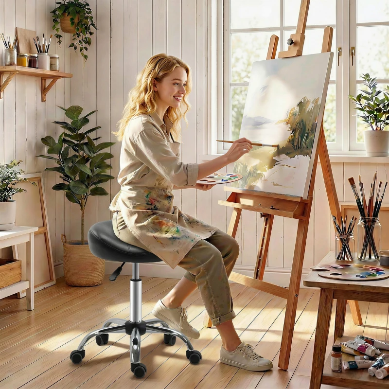 HOMCOM Taboret Salonowy z Siedziskiem Siodłowym, Regulowany, Ekoskóra, 48x48x54-69cm, Czarny