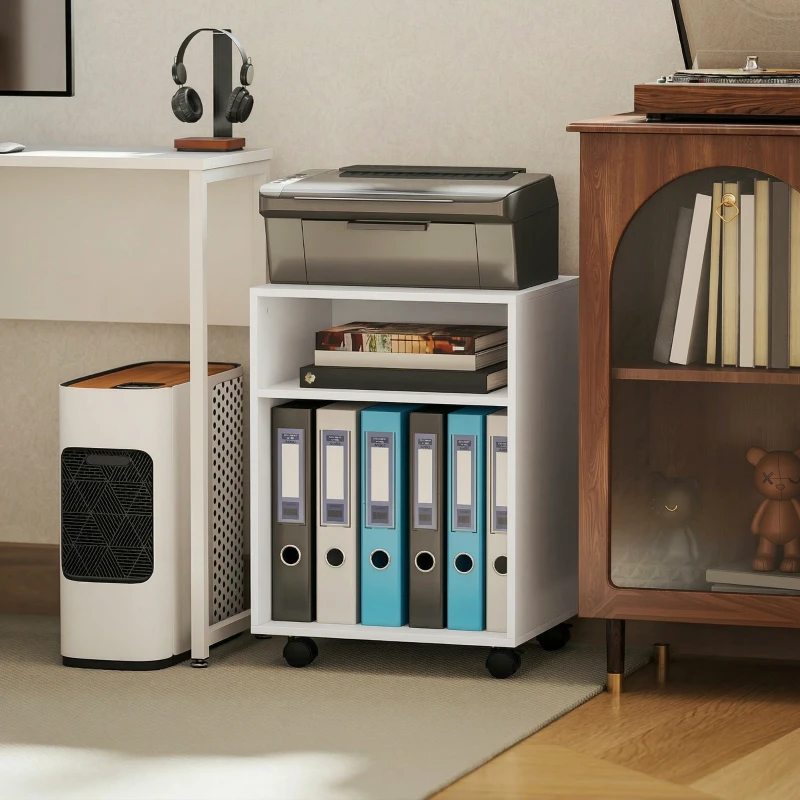 HOMCOM Druckerständer Druckertisch mit 2 offenem Regal feststellbaren Rollen für Büro Zuhause Fax Scanner 40 x 35 x 56 cm Weiß