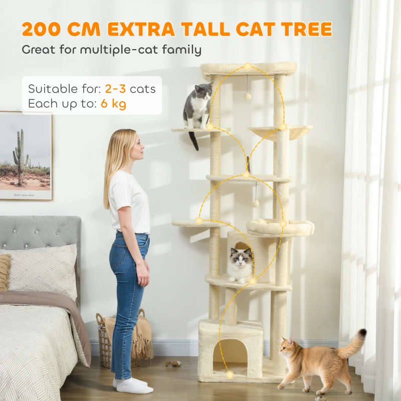 PawHut 79 Inch Cat Tree, Extra Tall Large Cat Tower with Scratching Posts, 2 Perches, 2 Caves, Large Hammock, Pompoms, Multi-Level Plush Kitty Condo for Multiple Indoor Kittens