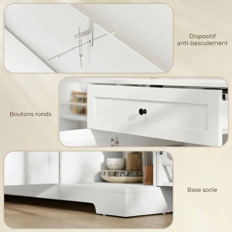 HOMCOM Buffet cuisine, meuble de rangement avec tiroir, 4 portes à fermeture douce, racks-porte et étagères réglables, blanc