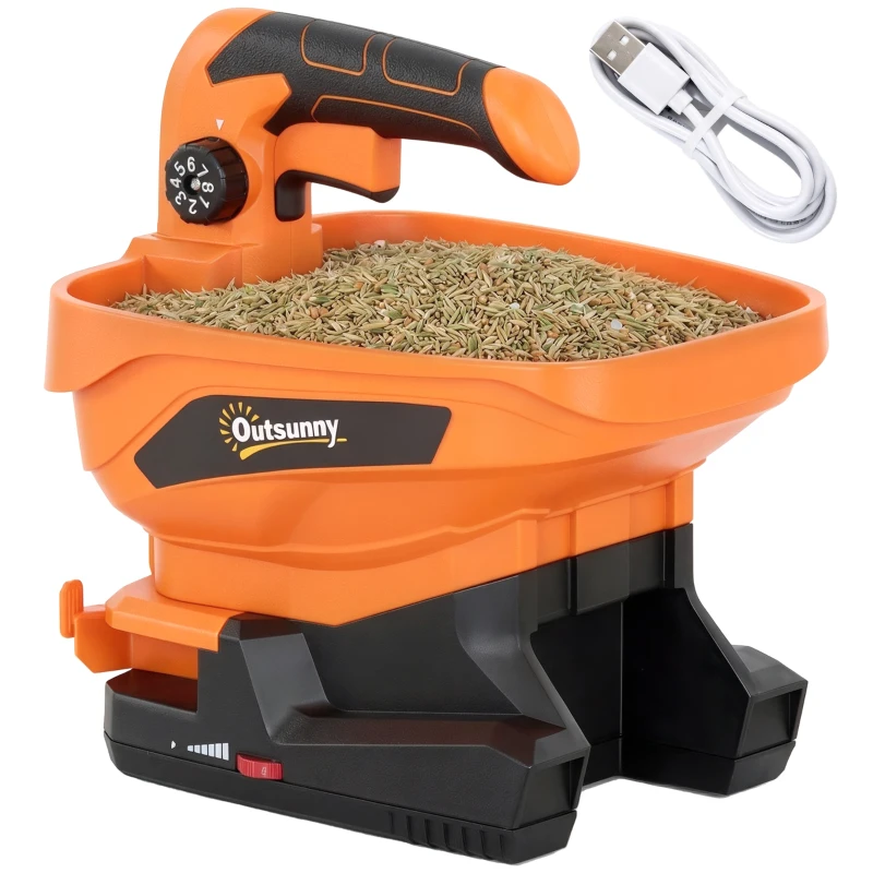 Outsunny Esparcidor Portátil 3,3 L 8 Niveles de Flujo Ancho Dispersión Ajustable Puerto USB para Césped Sal hasta 800 m² Naranja