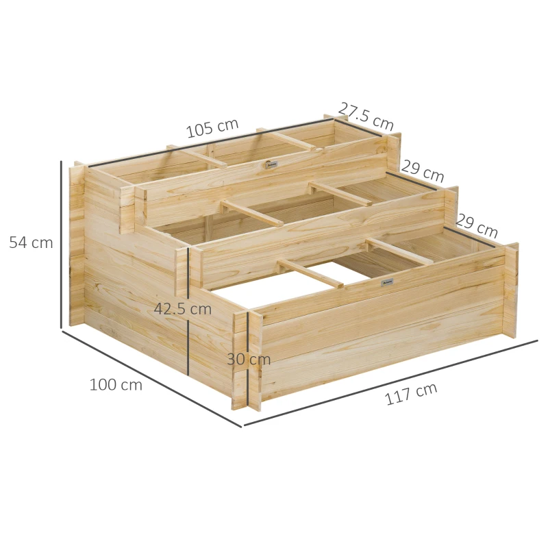 Outsunny 117cm x 100cm x 54cm 3 Tier Raised Garden Bed 376L Fir Wood Elevated Planter Flower Box with 9 Grow Grids and Non-woven Fabric for Vegetables, Flower, Herb Outdoor Indoor Use
