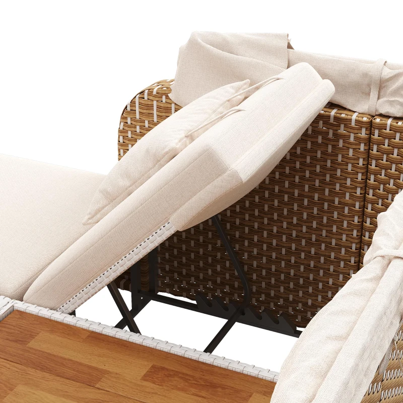Outdoor Wicker Double Chaise Lounge with Openable Adjustable Canopy, Modern Garden Furniture Set for Patio, 160L x 192W x 137H cm, Beige