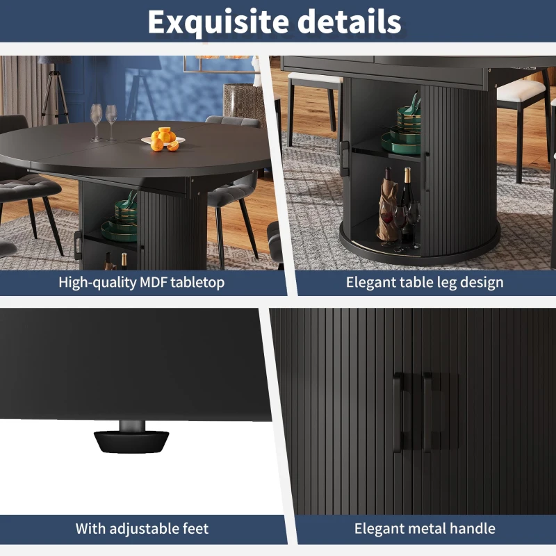 Extendable Dining Table with Curved Sliding Doors and 2 Shelves, Space-Saving Kichen Table for 6 People, 118L x 118W x 76H cm, Black