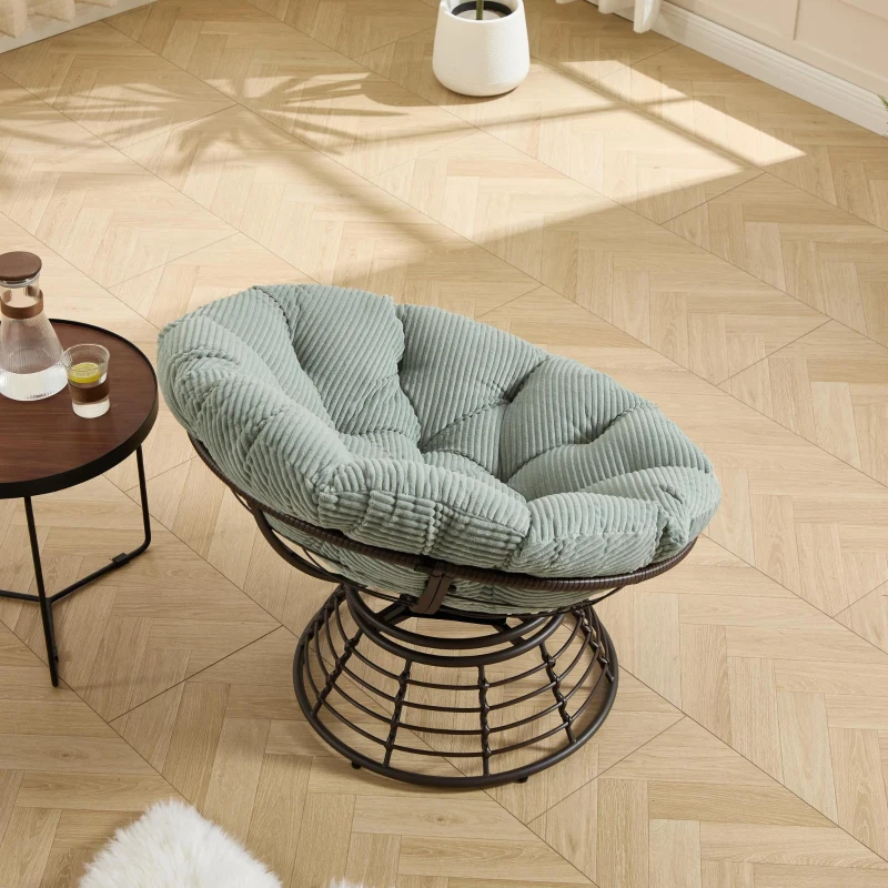 Poltrona Papasan, girevole a 360°, cuscino spesso(tessuto a coste), struttura in acciaio, 92x92x67 cm, Verde chiaro