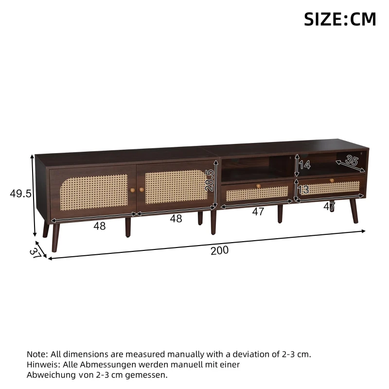 Modern TV Entertainment Centre with 2 Drawers & 2 Cabinets, Sturdy Media Cabinet for Living Rooms, 200L x 37W x 49.5H cm, Wood