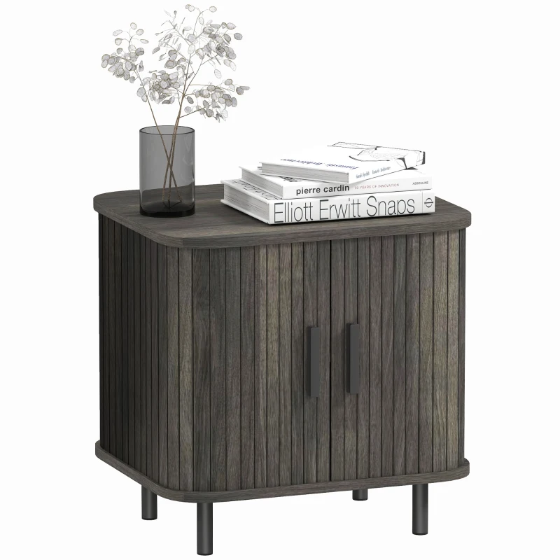 HOMCOM Nightstand with Sliding Doors and Metal Legs Grey