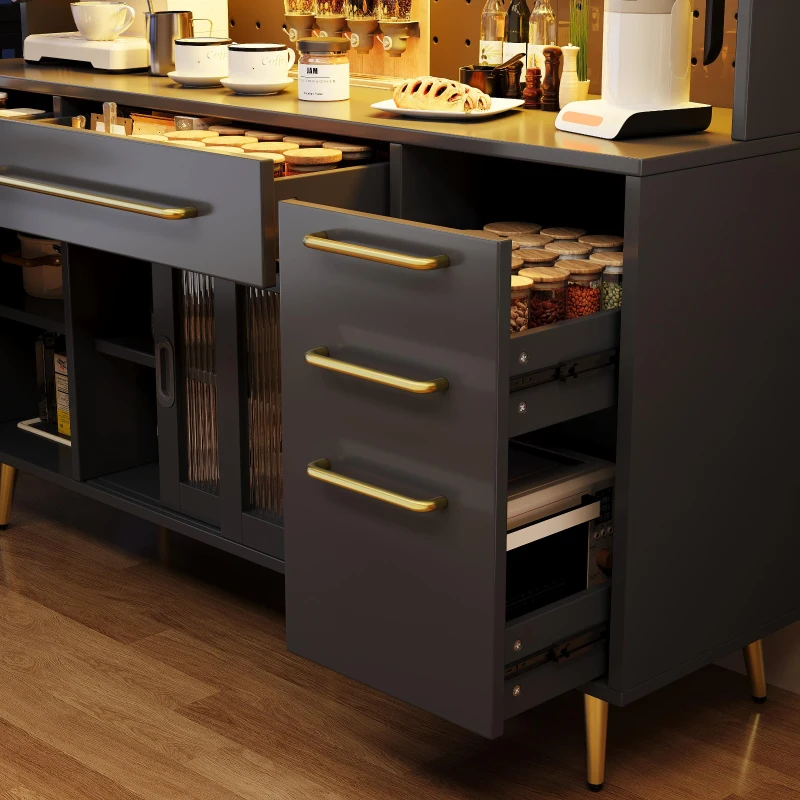 Modern Sideboard with App-Controlled LED Lighting and Music Mode, Tall Cabinet for Kitchen and Living Room, 145L x 39W x 171H cm, Black