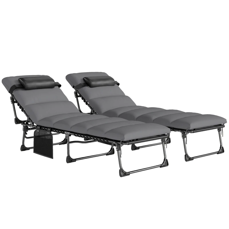 Outsunny Lot de 2 Bains de Soleil Transat de Jardin Matelas XXL 9cm Inclinable 180° Plat Pliable à 5 Positions 200x57x38cm Gris