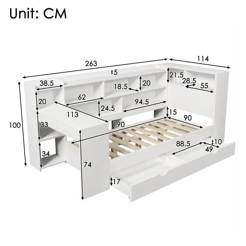 Multi-Functional Single Daybed with Bookcase & Computer Desk, Space-Saving Bed Frame with Ergonomic Desk, 63L x 114W x 100H cm, White
