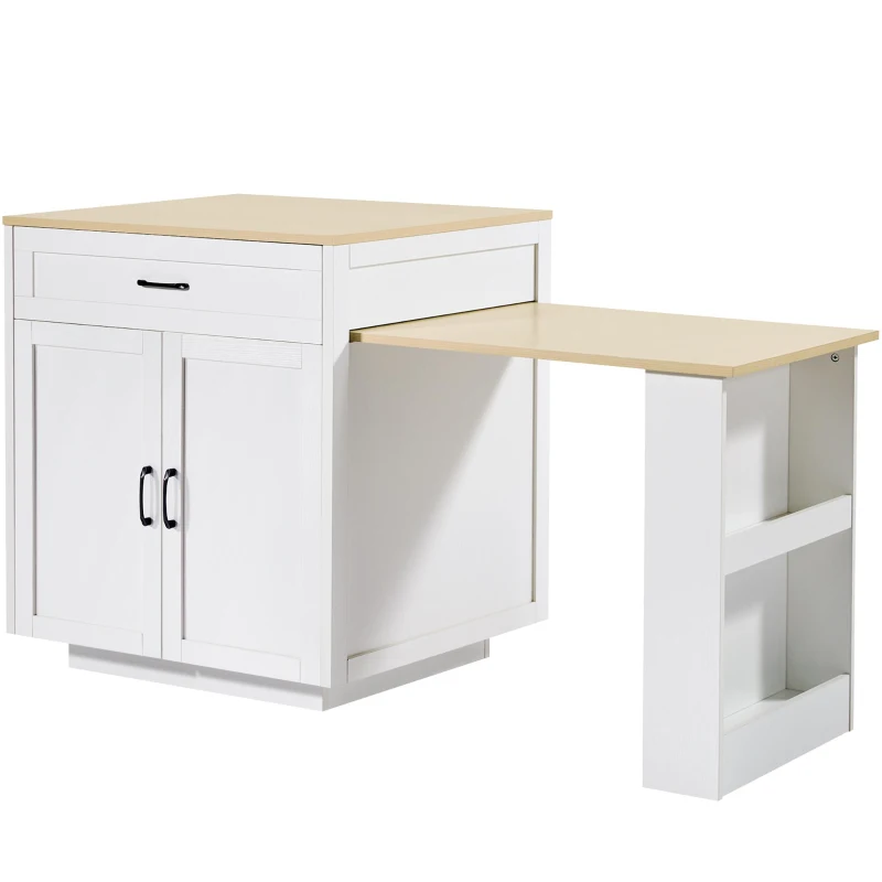 Extendable Bar Table with 2 Compartments and Side Spice Rack, Expandable Kitchen Island for 2–6 People, 133-202L x 70W x 93.5H cm, White