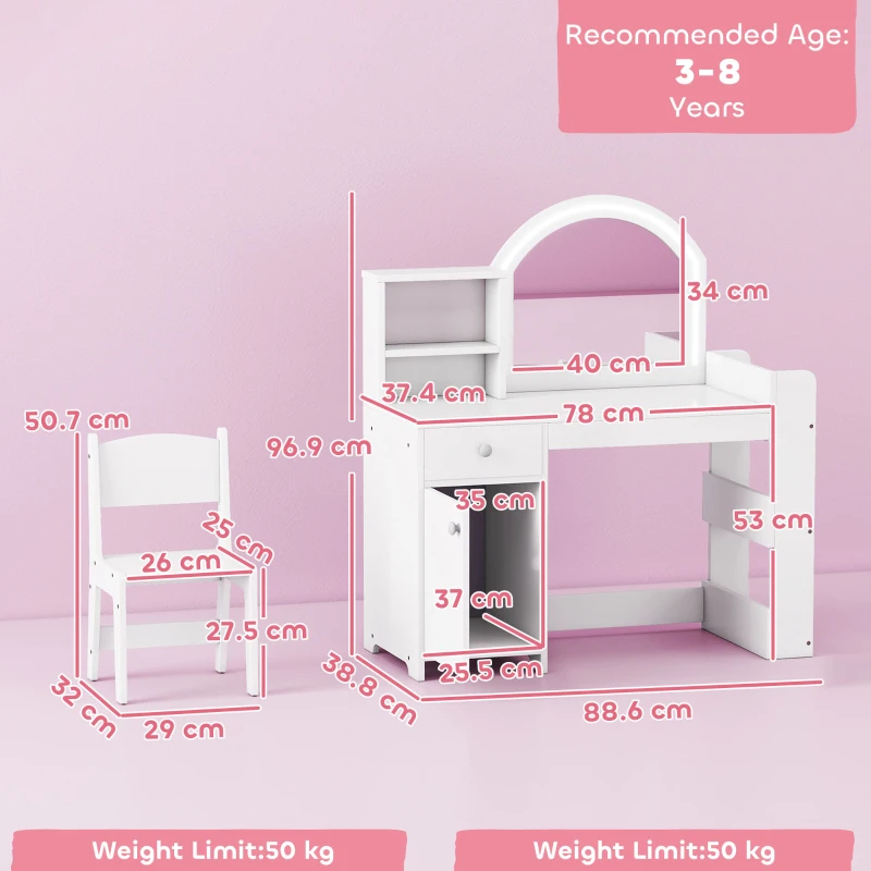 AIYAPLAY Kids Vanity Table and Chair Set, Girls Dressing Table with 2-Colour LED Mirror, Stool, Cabinet, Drawer, Shelves, White