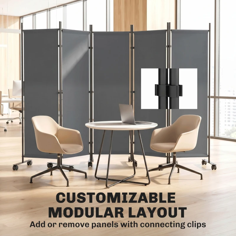 Outsunny Kamerscherm 5-delig 252 x 40 cm Vrijstaand Paravent met 12 Wielen Opvouwbaar DIY Donkergrijs