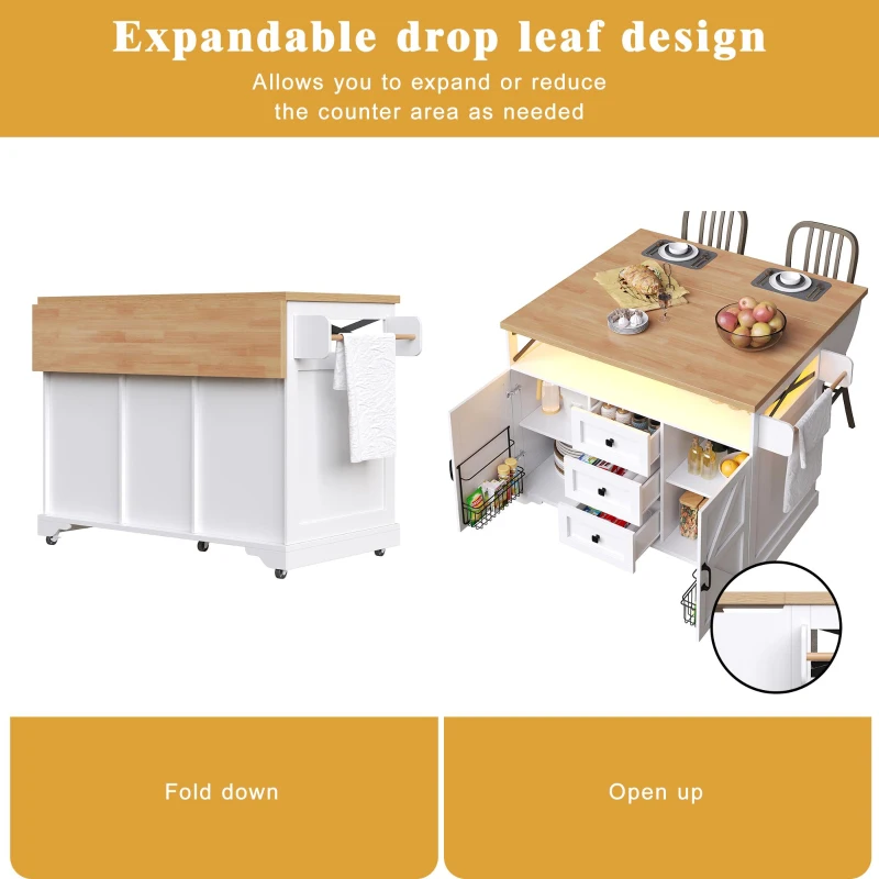 Mobile Kitchen Island with Drop-Leaf Table and Multi-Tier Snack Shelves, Serving Cart with App-Controlled LED, 120L x 72W x 98H cm, White