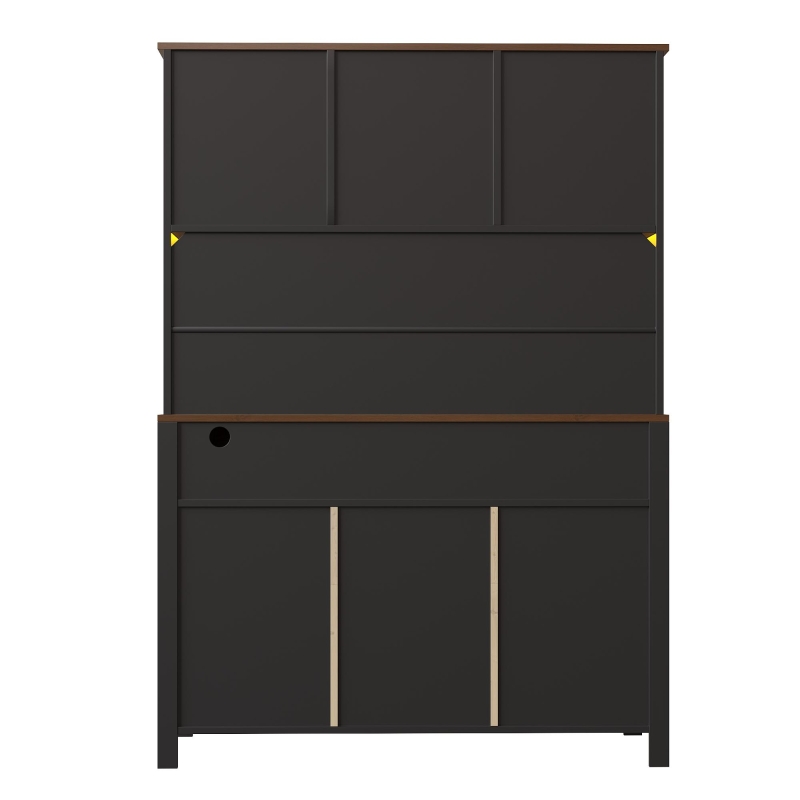 Tall Kitchen Cabinet with Integrated Power Strip and Wine Glass Rack, Stylish Sideboard with Cable Management, 120L x 40W x 170H cm, Black