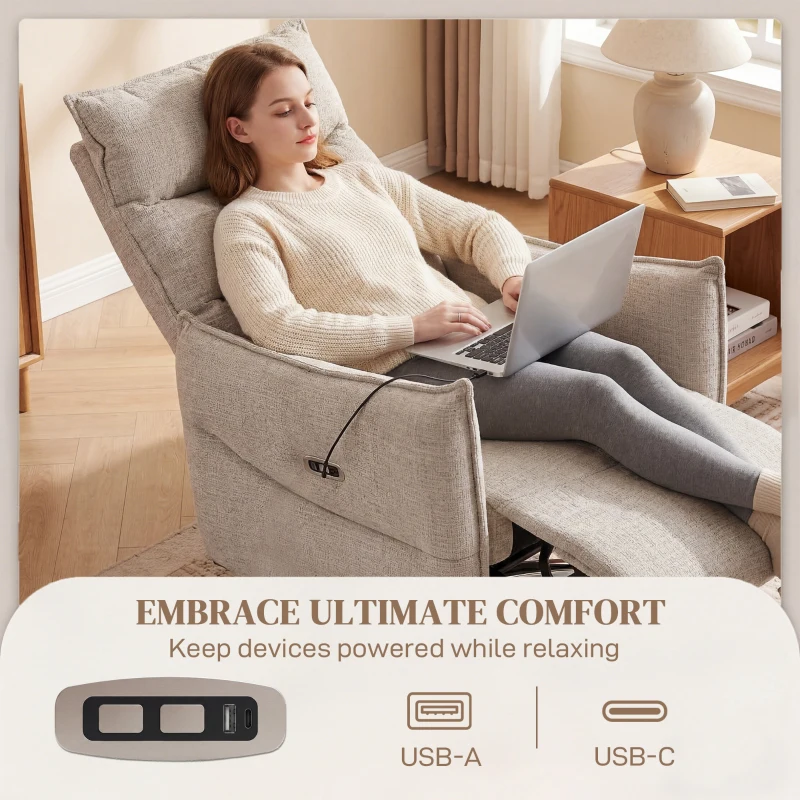 HOMCOM Fotoliu relax electric rotativ pentru adulți, fotoliu cu material aspect in și porturi de încărcare, bej