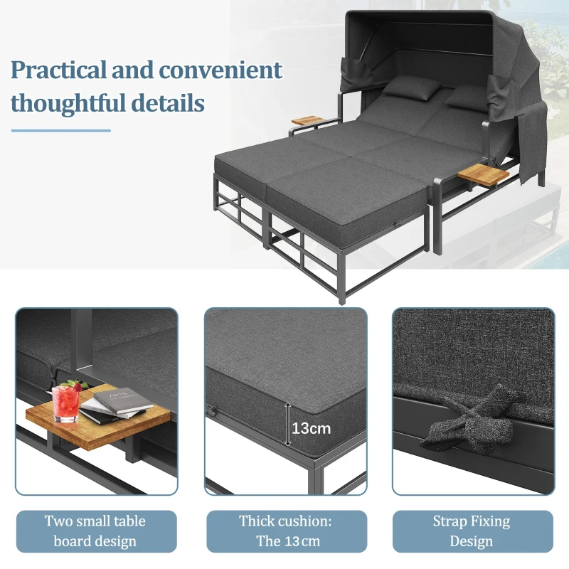 Convertible Garden Lounge Set with Double Reclining Lounger, Outdoor Rattan Sofa Set with Adjustable Backrest, 128L x 117W x 40H cm, Gray