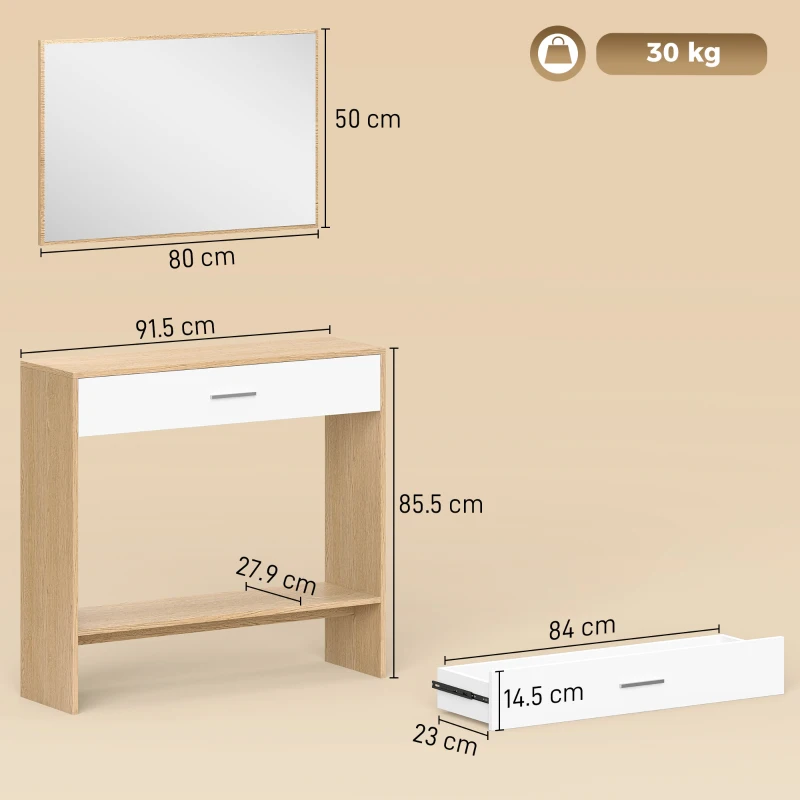 HOMCOM Consolă + oglindă, consolă îngustă cu sertar și etajeră, stil modern, 91,5 x 27,9 x 85,5 cm, stejar