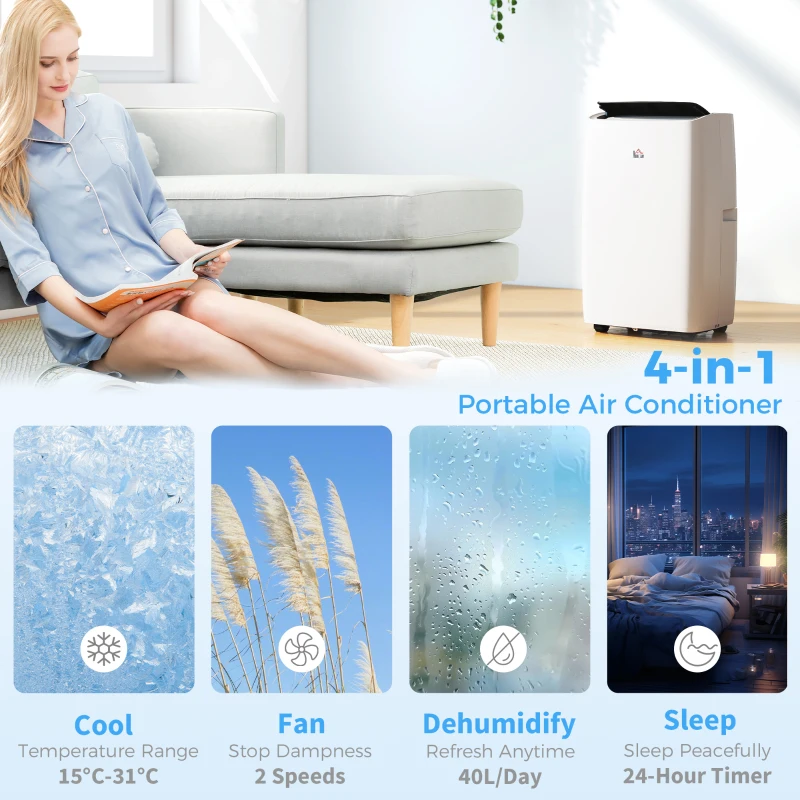 HOMCOM Portable Air Conditioner 14000 BTU, 4-in-1 Air Conditioning Unit, Dehumidifier, Cooling, Fan, Sleep Mode with 2 Speeds, Remote, LED Display, 24H Timer, Window Kit, Child Lock, 40m², Cream