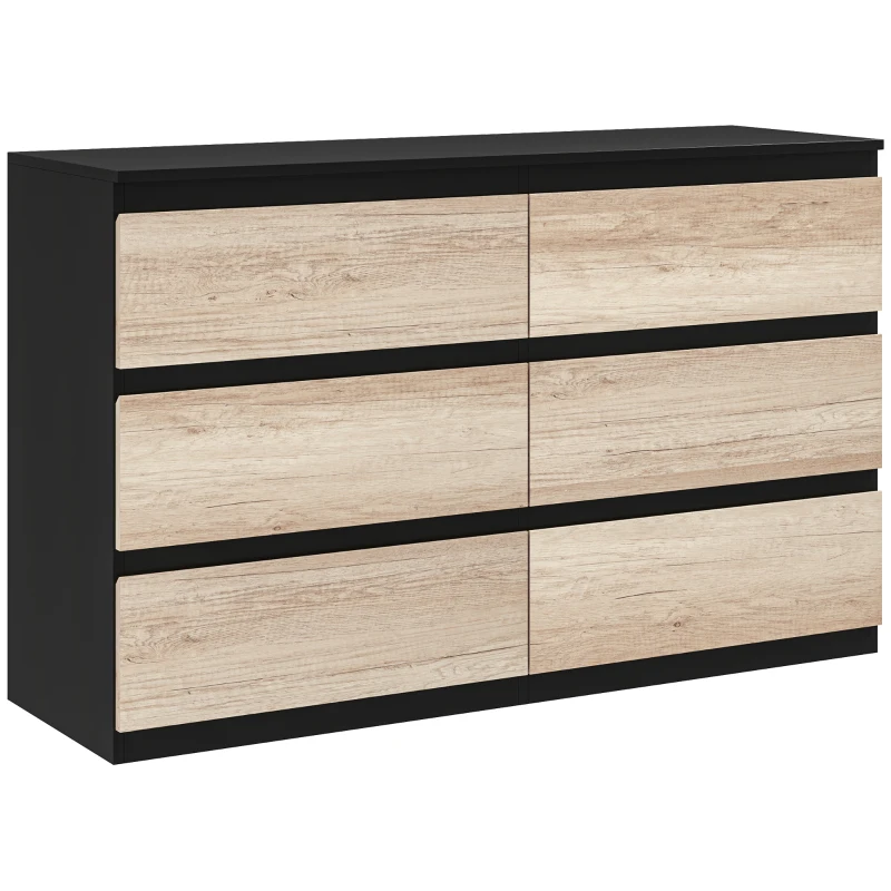 HOMCOM Commode 6 tiroirs meuble de rangement sans poignées design minimaliste 120 x 39 x 75 cm noir et bois naturel