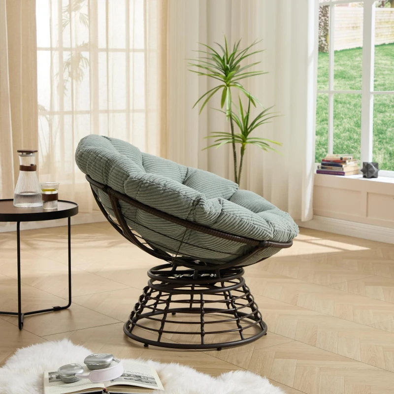 Poltrona Papasan, girevole a 360°, cuscino spesso(tessuto a coste), struttura in acciaio, 92x92x67 cm, Verde chiaro
