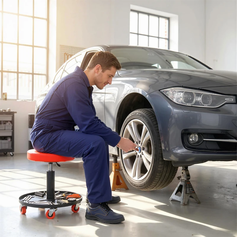 HOMCOM Rolling Mechanical Stool, Pneumatic Adjustable Workshop Stool with Tool Tray, Wheels - Orange