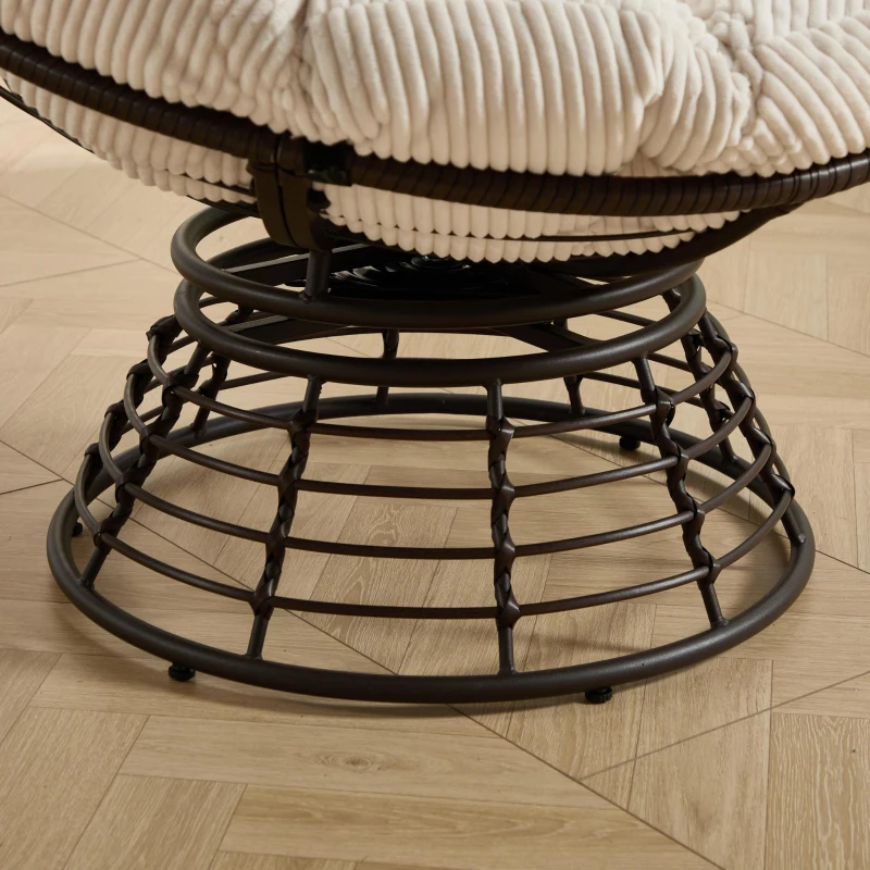 Poltrona Papasan, girevole a 360°, cuscino spesso(tessuto a coste), struttura in acciaio, 92x92x67 cm, Bianco