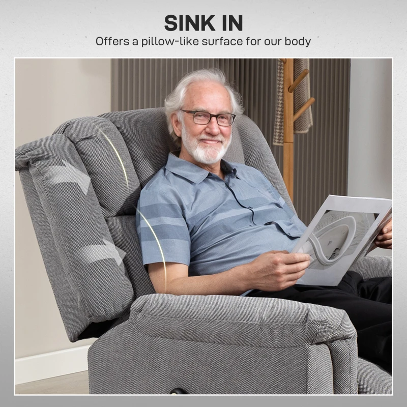 HOMCOM Fotel powerlift, fotel masujący z funkcją ogrzewania, fotel z podnóżkiem, kieszenią boczną, obicie z tkaniny, ciemnoszary