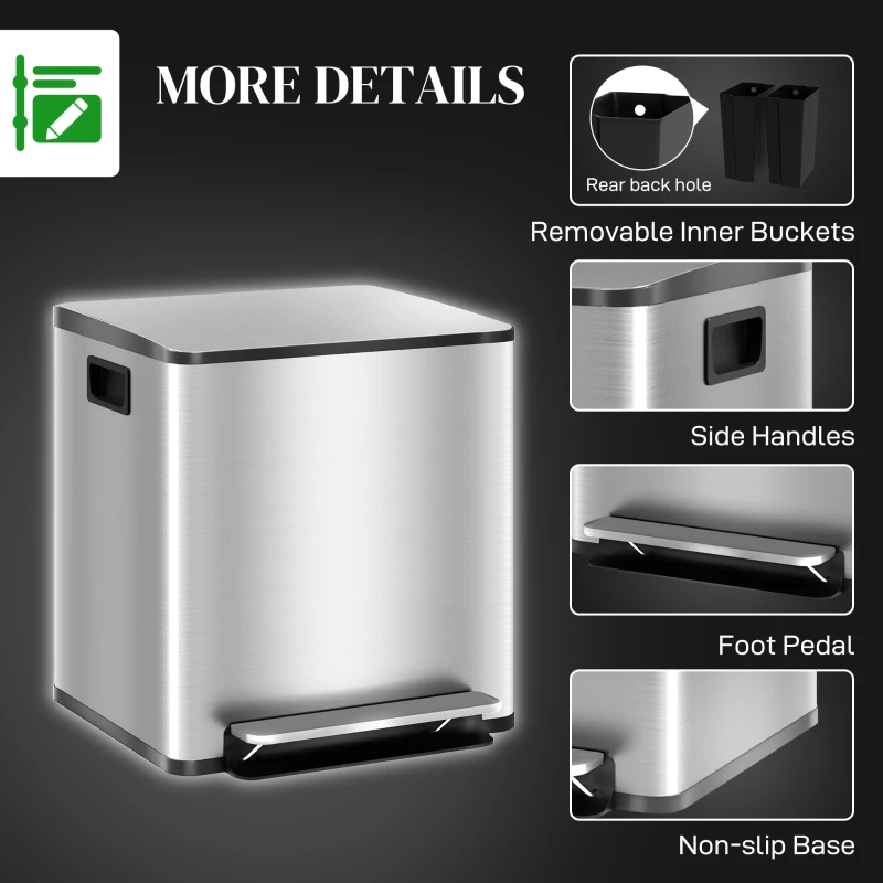 HOMCOM 30L Dual Compartment Stainless Steel Bin, with Deodoriser Holders - Silver Tone