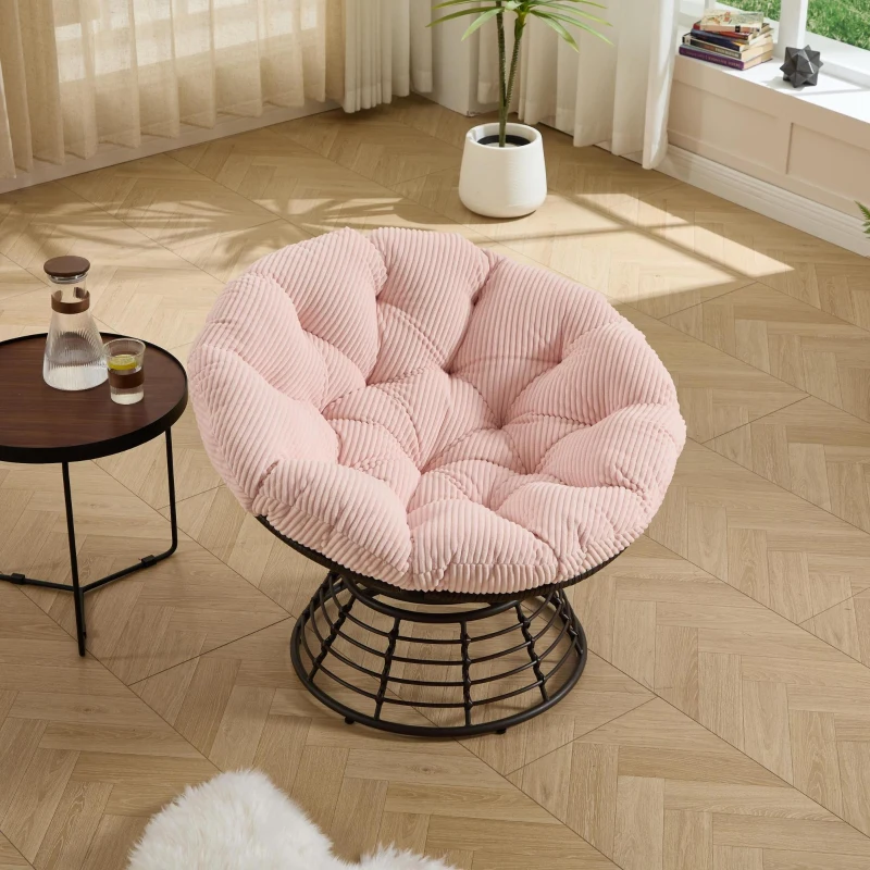 Poltrona Papasan, girevole a 360°, cuscino spesso(tessuto a coste), struttura in acciaio, 92x92x67 cm, Rosa