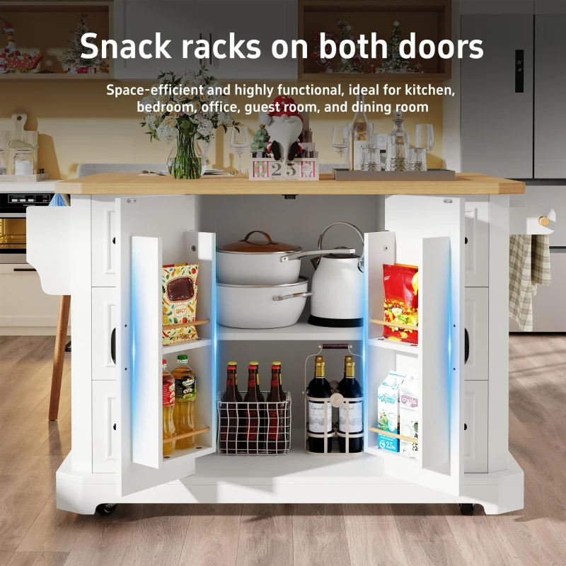 Mobile Kitchen Island with 2 Doors, 6 Drawers and Wood-Effect Worktop, Rolling Cart for Compact Dining Areas, 120L x 45W x 91H cm, White