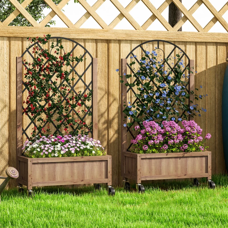 Outsunny Wooden Planter, with Metal Trellis - Brown/Black