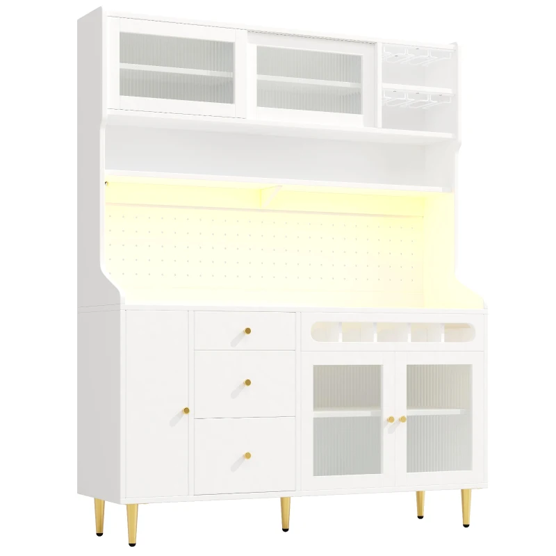 Freestanding Highboard with LED Lighting & Pull-Out Wine Rack, Tall Storage Cabinet with Sliding Glass Doors, 145L x 39W x 171H cm, White