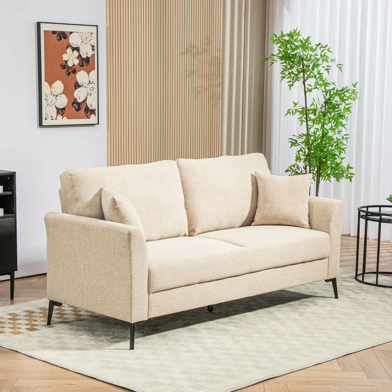 HOMCOM Sofa 2-osobowe, tapicerka lniana, metalowe nogi, poduszki