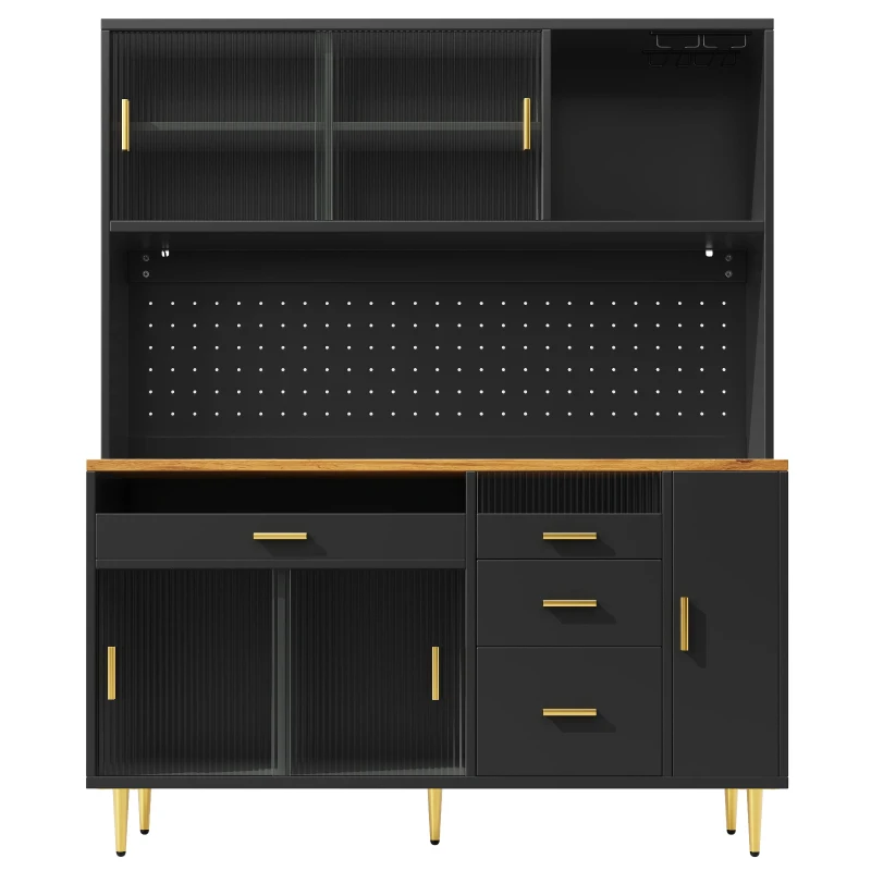 Modern Highboard with Height-Adjustable Shelves & App-Controlled LED, Tall Cabinet for Living, Dining Area, 145L x 39W x 171H cm, Black